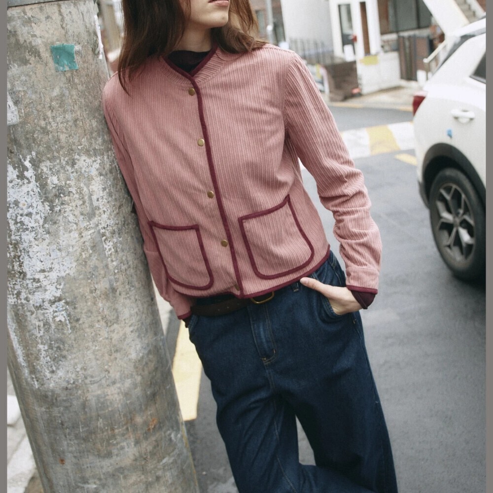 Dusty Rose Corduroy Burgundy Trim Collarless Button Front Lightweight Jacket